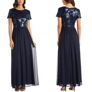 R&M Richards Mesh Sequin Embellished Short Sleeve Maxi Evening Dress Navy Size 6